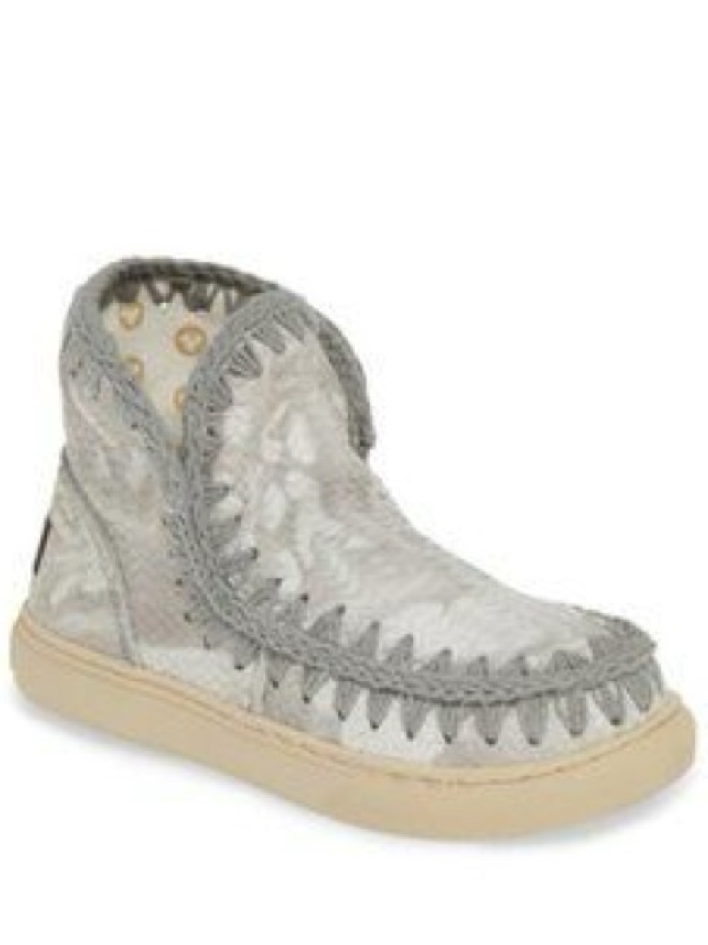 {MOU} Summer Eskimo Silver Gray Shearling-Trim Crochet Stitched Winter Boot